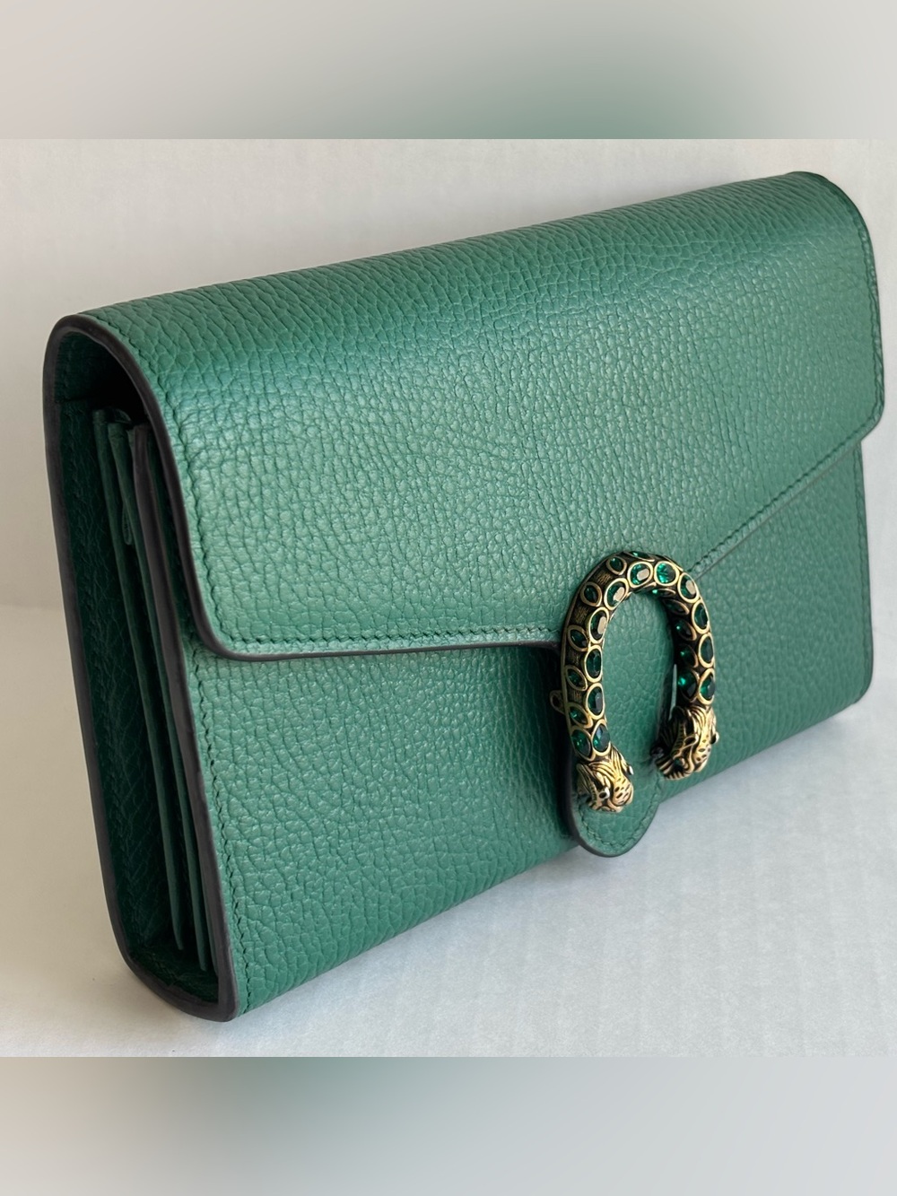 Gucci Dionysus Wallet on Chain Emerald Green Pebbled Leather Crystals Authentic